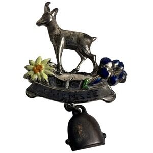 Vintage Germany Alpine Goat Edelweiss Bell Souvenir Brooch Pin